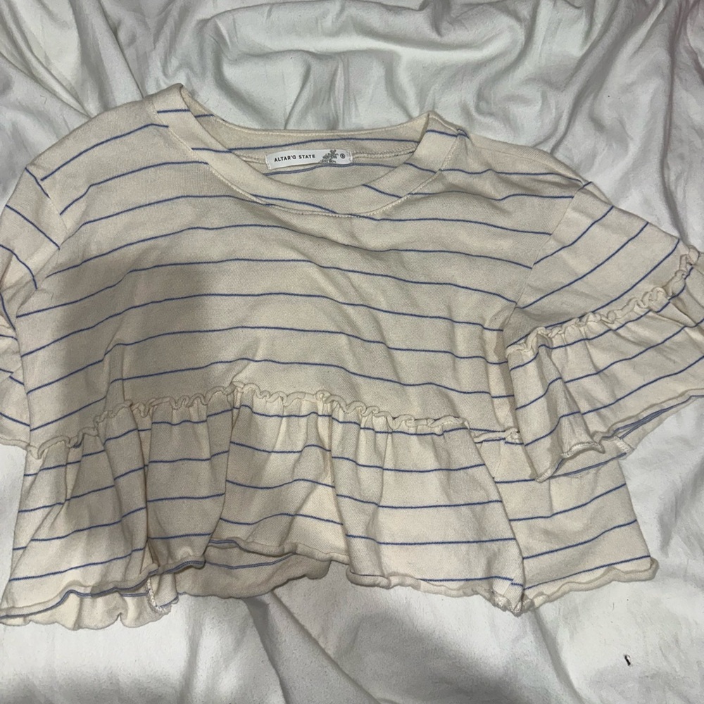 Altar'd State Cream and Blue Striped Top